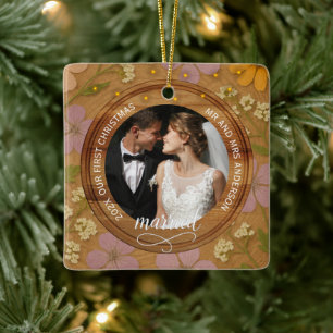 Rustic Wood Grain Floral First Christmas married Ceramic Ornament