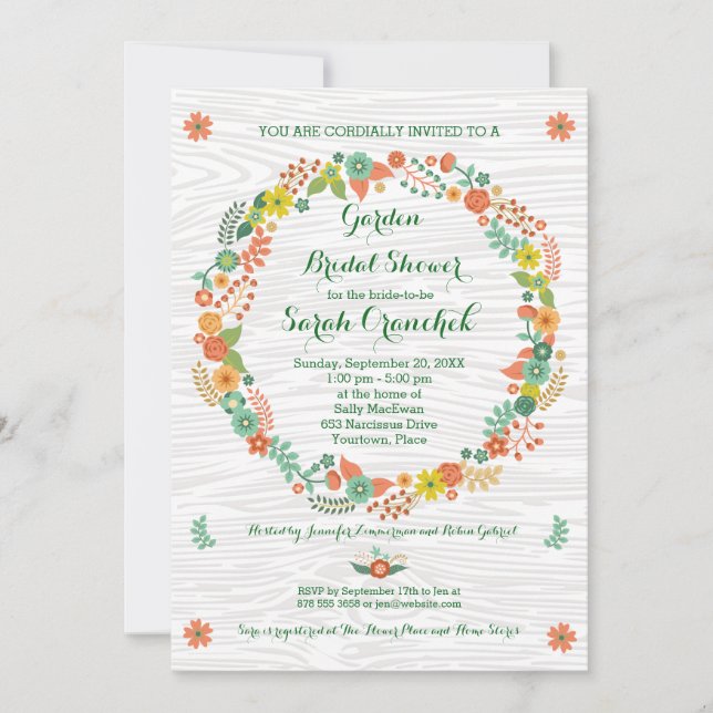Rustic Wood Grain Floral Wreath Bridal Shower Invitation (Front)