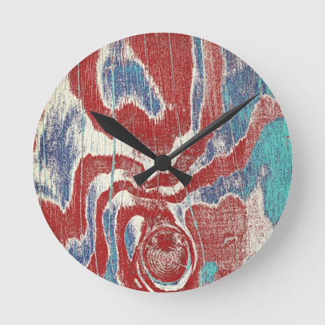 Rustic Wood Grain Knot Texture in Red Blue White Round Clock (Front)