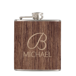 Rustic Wood Grain Monogram Gift For Him Hip Flask