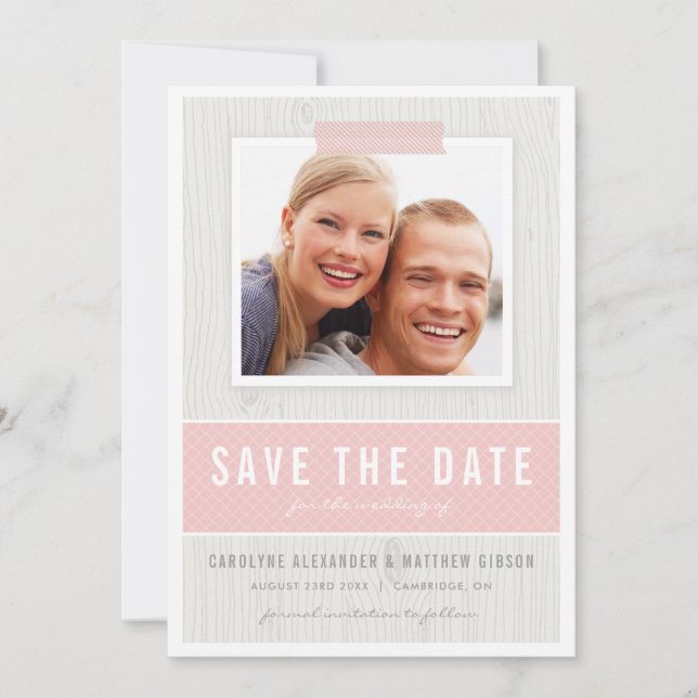 Rustic Wood Grain Pattern Pink Photo Save the Date (Front)