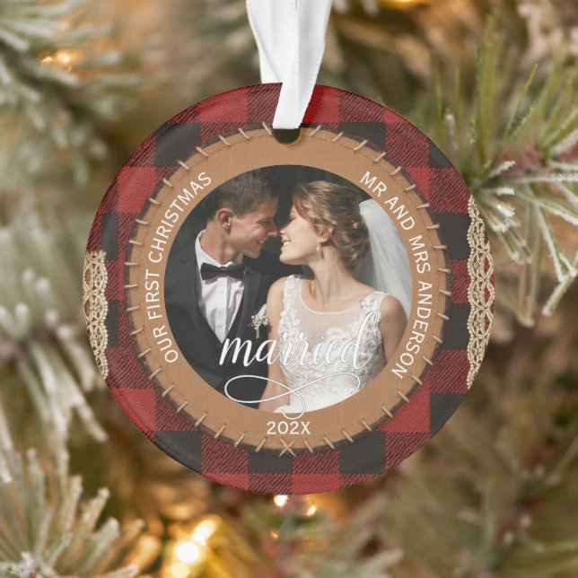 Rustic Wood Grain Plaid First Christmas Married  Ornament (Tree)