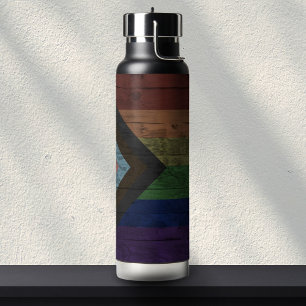 Rustic Wood Grain Progress Pride Flag Rainbow Water Bottle