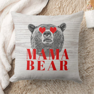 Rustic Wood Grain Red Hearts Mama Bear Cushion