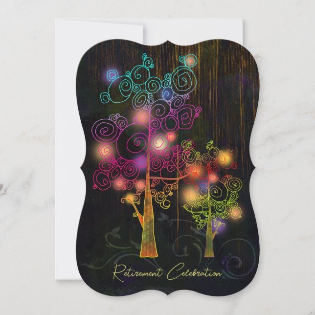 Rustic Wood Grain Spiral Trees Retirement Party Invitation (Front)