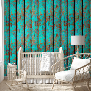 Rustic wood grain turquoise brown country planks  wallpaper