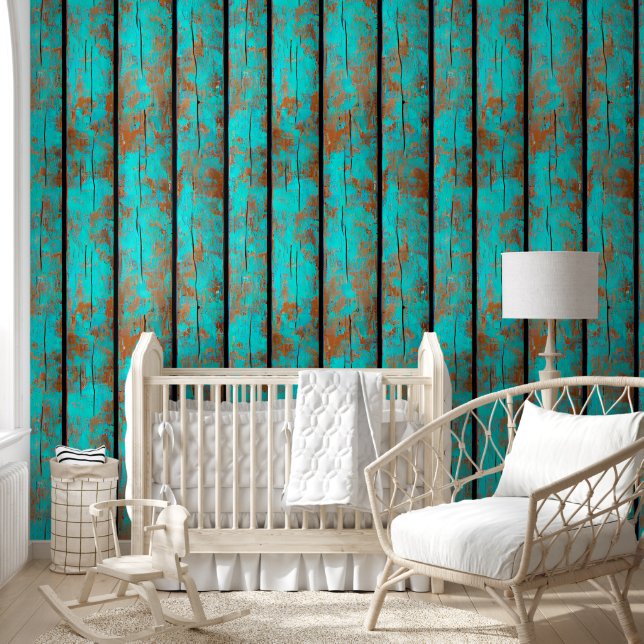 Rustic wood grain turquoise brown country planks  wallpaper (Kids)