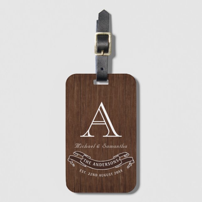 Rustic Wood Grain Vintage Family Monogram  Luggage Tag (Front Vertical)