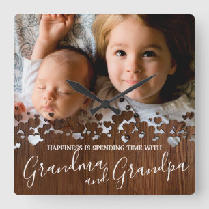 Rustic Wood Grandma & Grandpa Photo Square Wall Clock