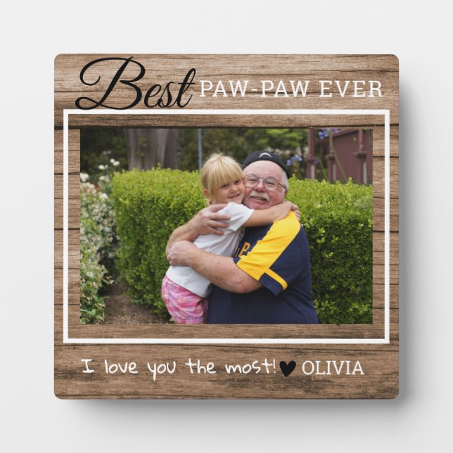 Rustic Wood Grandpa Best Paw-Paw Ever Photo Plaque (Front)