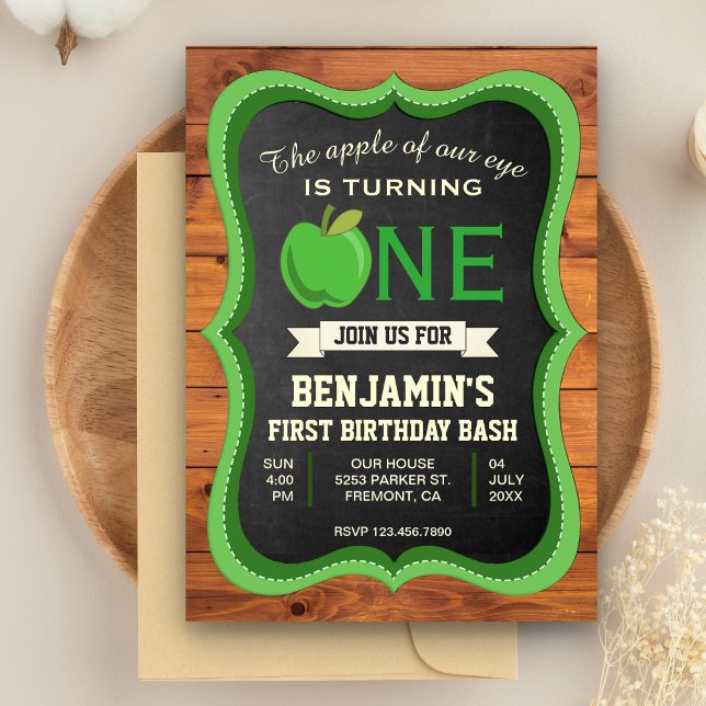 Rustic Wood Green Apple 1st First Birthday Party Invitation (Creator Uploaded)