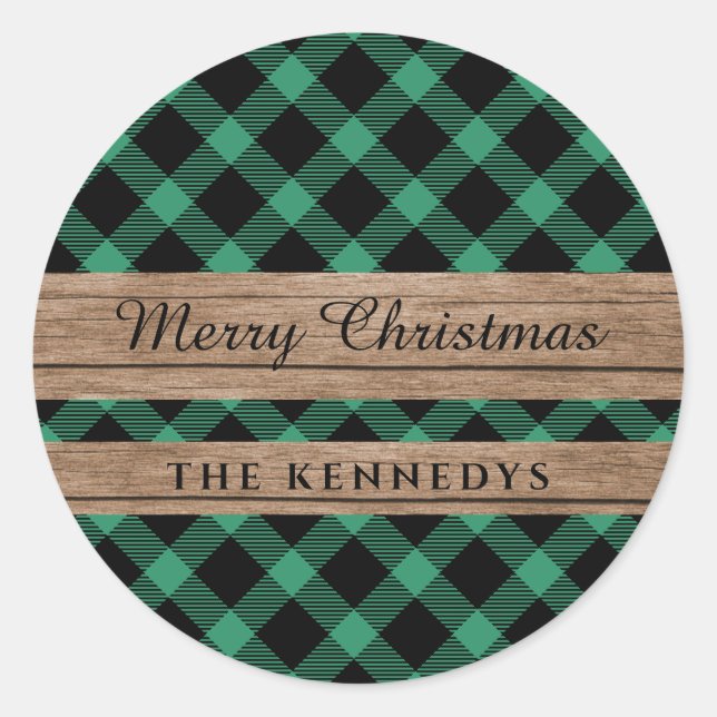 Rustic Wood Green Black Buffalo Plaid Christmas Classic Round Sticker (Front)