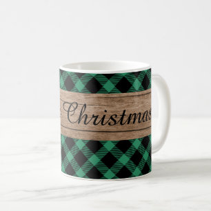 Rustic Wood Green Black Buffalo Plaid Christmas Coffee Mug