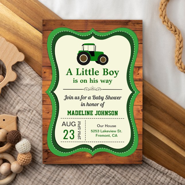 Rustic Wood Green Farm Tractor Baby Shower Invitation (Creator Uploaded)