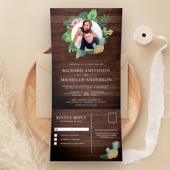 Rustic Wood Green Palm Leaves Wreath Photo Wedding Tri-Fold Invitation (Creator Uploaded)