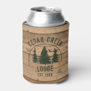 Rustic Wood Green Trees Cabin Lodge Personalized Can Cooler