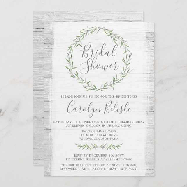 Rustic Wood Green Wreath Bridal Shower Invitation (Front/Back)