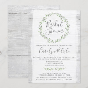 Rustic Wood Green Wreath Bridal Shower Invitation