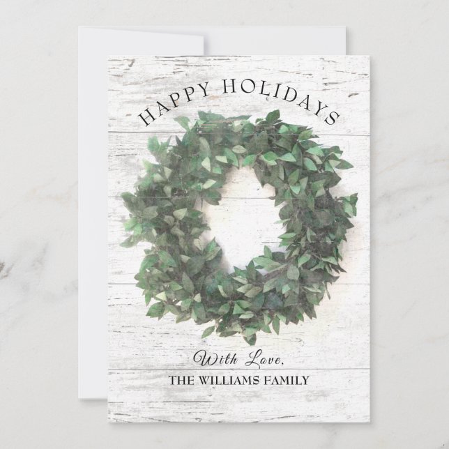 Rustic Wood Green Wreath Family Photo Happy Holiday Card (Front)