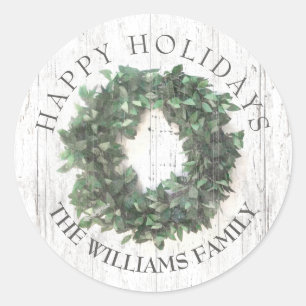 Rustic Wood Green Wreath Monogrammed Classic Round Sticker
