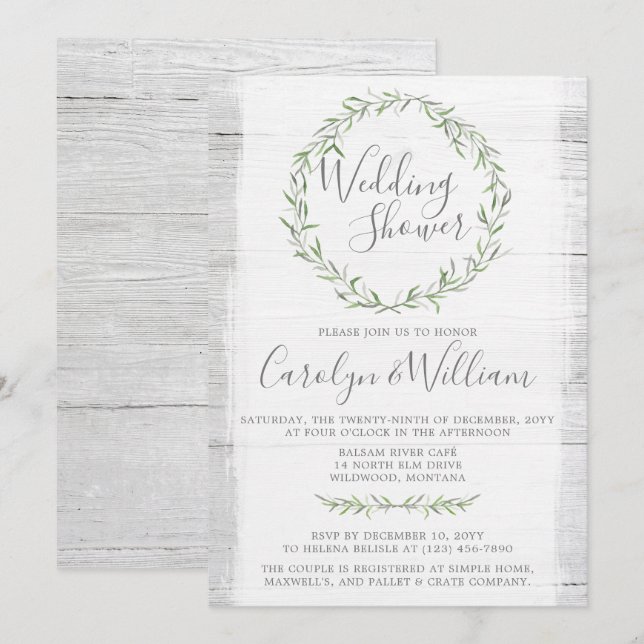 Rustic Wood Green Wreath Wedding Shower Invitation (Front/Back)