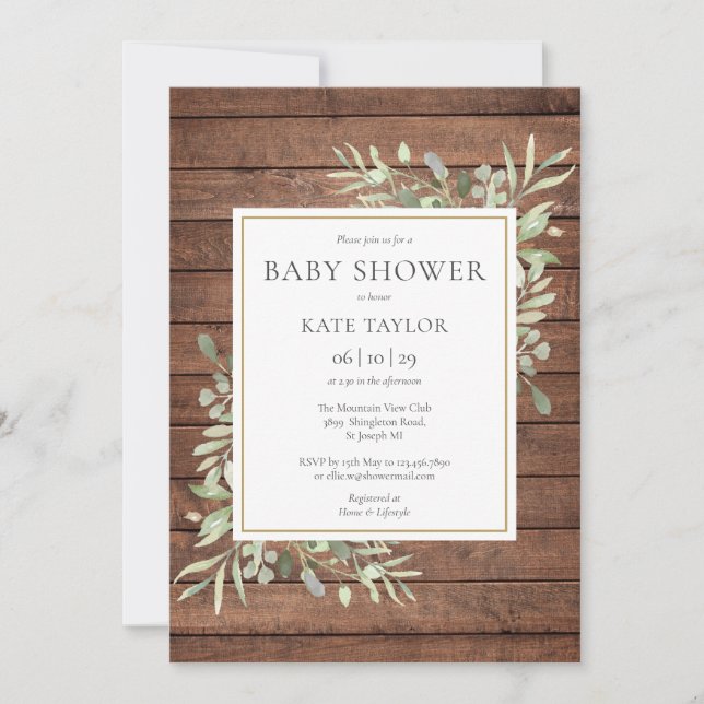 Rustic Wood Greenery Baby Shower / Sprinkle Invitation (Front)