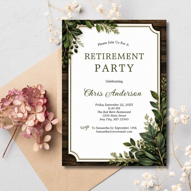 Rustic Wood Greenery Botanical Retirement Party Invitation (Rustic Wood Greenery Botanicals Retirement Party Invitation for him or her)