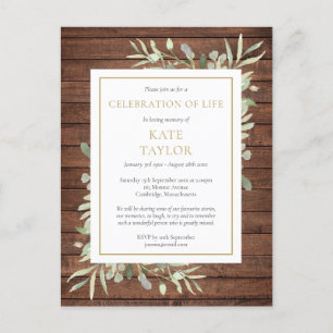 Rustic Wood Greenery Celebration of Life Funeral Announcement Postcard