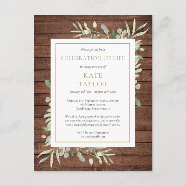 Rustic Wood Greenery Celebration of Life Funeral  Announcement Postcard (Front)