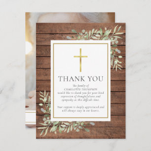 Rustic Wood Greenery Christian Photo Funeral Thank You Card