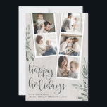 Rustic Wood Greenery Christmas Photo Booth Collage Holiday Card<br><div class="desc">Rustic holiday photo card featuring two photo booth strips, one with three photos and another with two photos, for a total of five photos. Personalise with the year and your family name or names in modern sans-serif lettering, on a country wooden background with green watercolor greenery leaves placed elegantly on...</div>