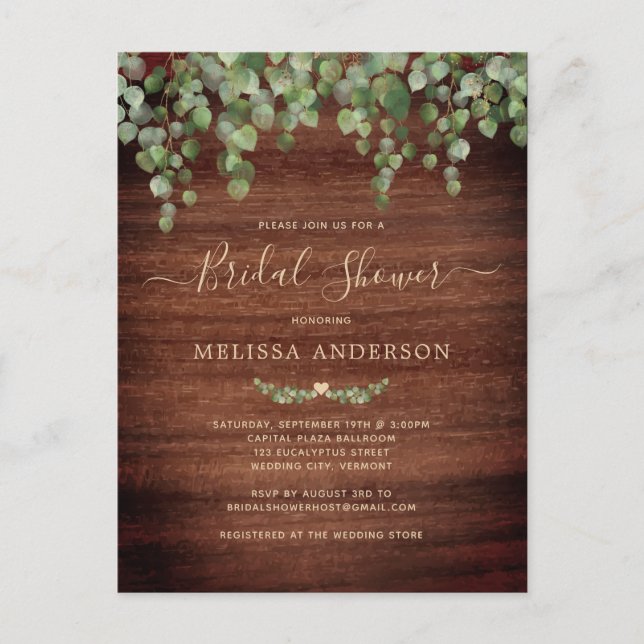 Rustic Wood Greenery Eucalyptus Bridal Shower Invitation Postcard (Front)