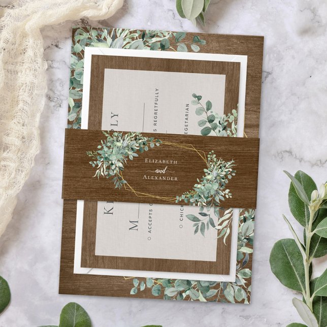 Rustic Wood Greenery Eucalyptus Gold Wedding Invitation Belly Band (Creator Uploaded)
