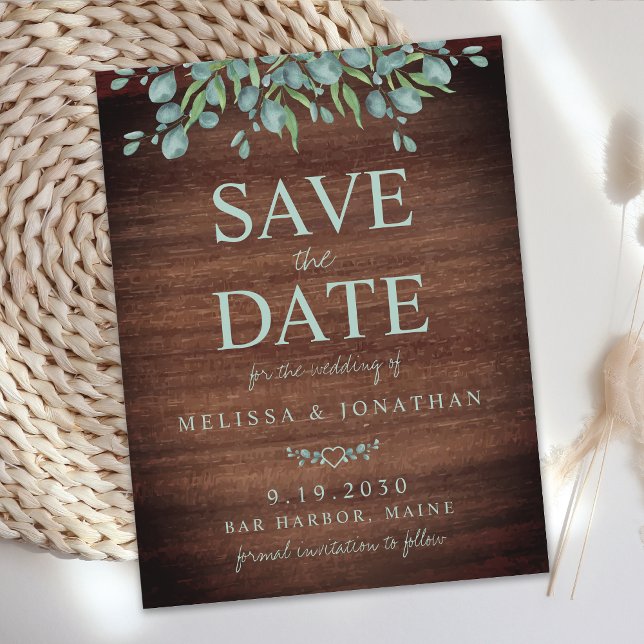 Rustic Wood Greenery Eucalyptus Save The Date Postcard (Creator Uploaded)