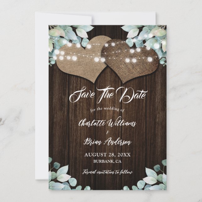 Rustic Wood Greenery Eucalyptus White Lace Wedding Save The Date (Front)