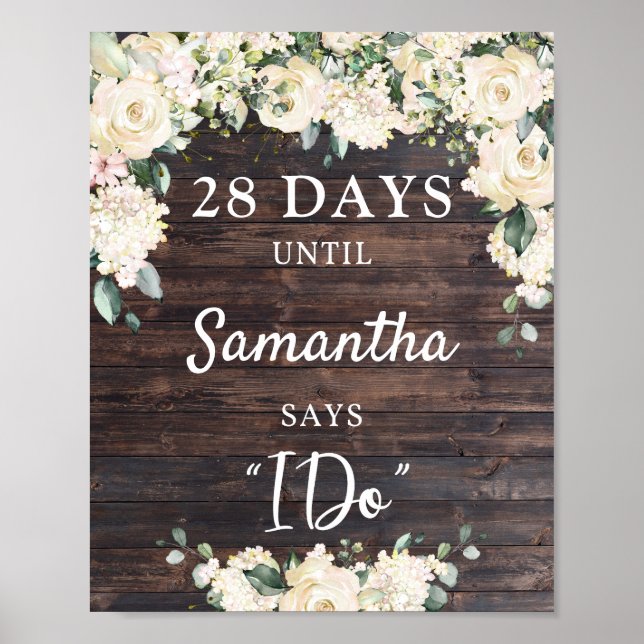 Rustic wood greenery floral bridal countdown sign (Front)