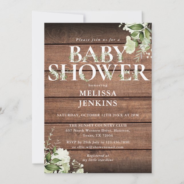 Rustic Wood Greenery Floral Letter Baby Shower Invitation (Front)