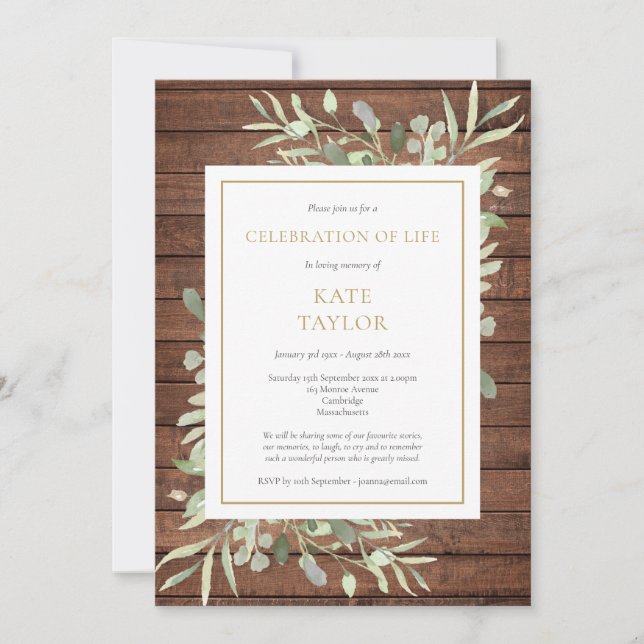Rustic Wood Greenery Funeral Celebration of Life Invitation (Front)