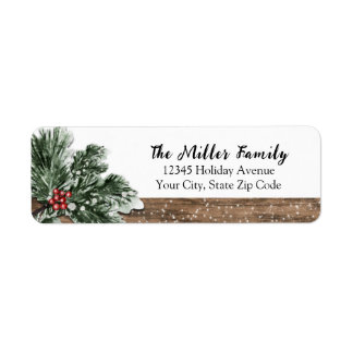 Rustic wood greenery holiday return address label
