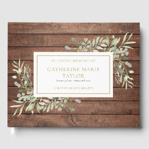 Rustic Wood Greenery In Loving Memory Funeral Guest Book