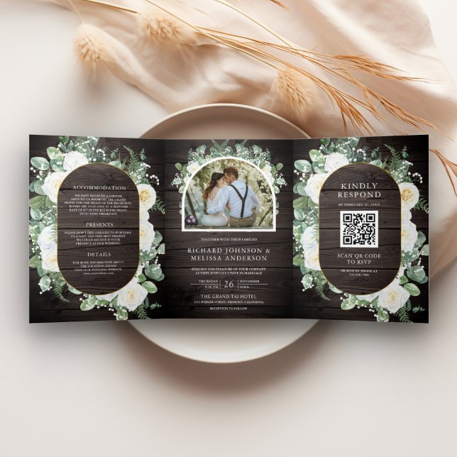 Rustic Wood Greenery Ivory Floral QR Code Wedding Tri-Fold Invitation (Creator Uploaded)