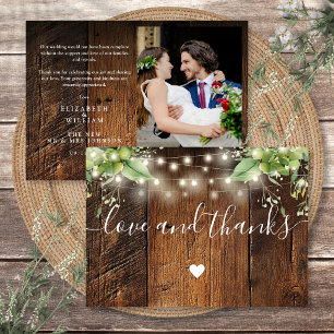 Rustic Wood Greenery String Lights Wedding Photo Thank You Card