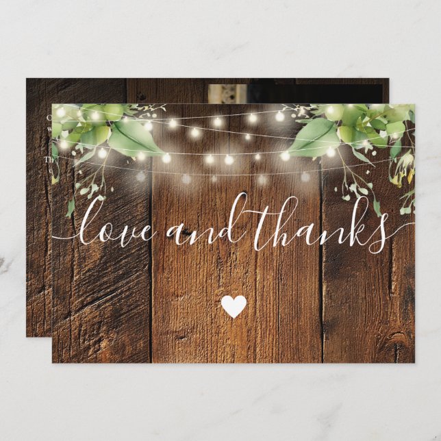 Rustic Wood Greenery String Lights Wedding Photo Thank You Card (Front/Back)