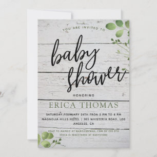 Rustic Wood Greenery Typography Baby Shower Invite