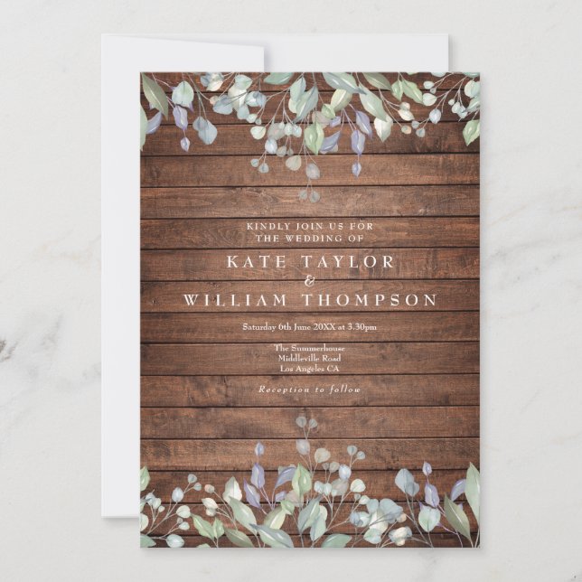 Rustic Wood Greenery Watercolor Floral Wedding Invitation (Front)