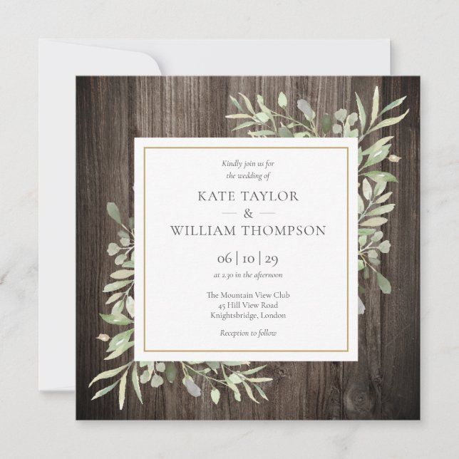 Rustic Wood Greenery Watercolor Leaves Wedding Invitation (Front)