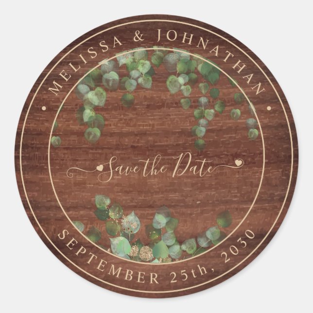  Rustic Wood Greenery Wedding Save The Date Classic Round Sticker (Front)