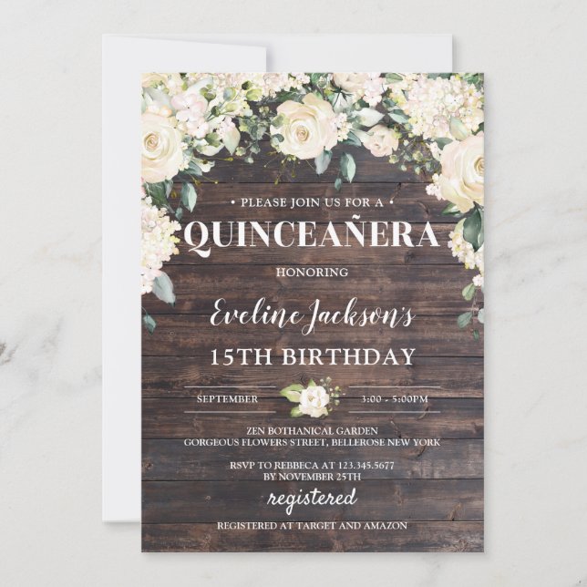 Rustic wood greenery white floral boho Quinceañera Invitation (Front)