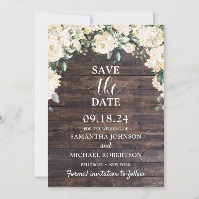 Rustic wood greenery white floral save the date invitation (Front)