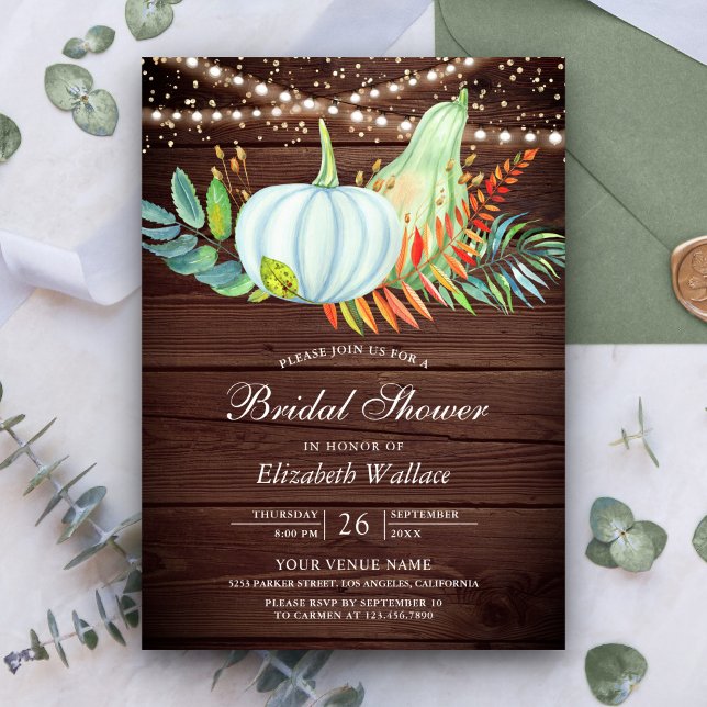 Rustic Wood Greenery White Pumpkin Bridal Shower Invitation (Creator Uploaded)